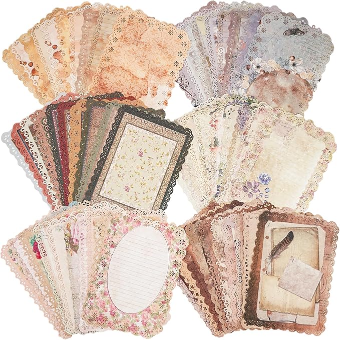 60 Sheets Lace Edged Scrapbook Stationery Paper Assorted Set - 6 Pack Vintage Paper for Letter Writing Scrapbooking Embellishments Planner Bullet Junk Journal Supplies Collage Background 4.9x6.9 Inch