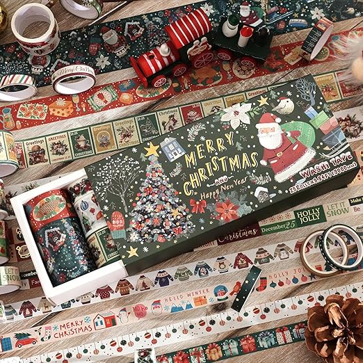 25 Rolls Christmas Gift Washi Tape Set, Festivals New Year Decorative Tapes for Scrapbooking, Junk Journal supplies, DIY Crafts Gift, Party Decorations, Bullet Journaling, 5-50mm Wide 9.84ft long/Roll