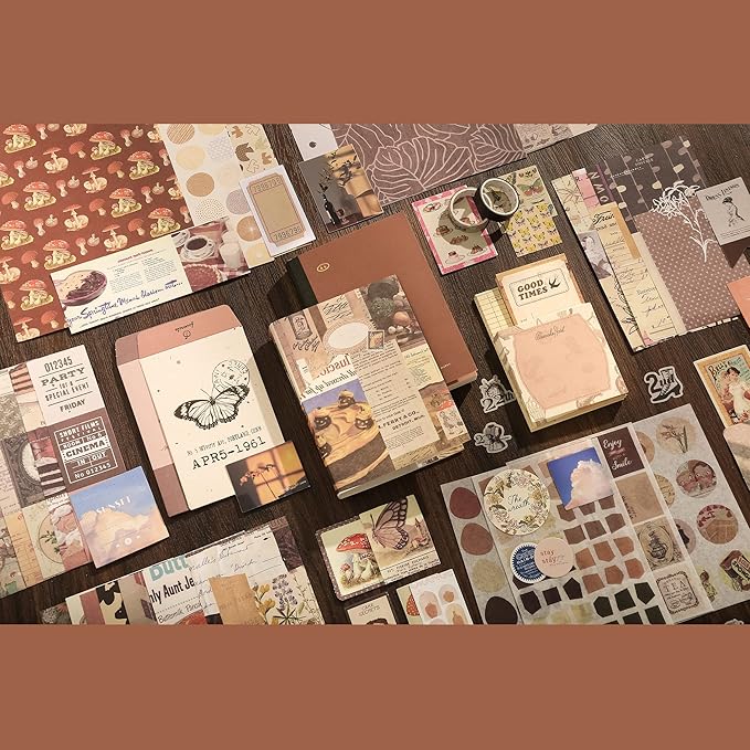 348 Pcs Scrapbooking Supplies Kit, Vintage Aesthetic Scrapbook Kit for Bullet Junk Journal, Stationery, A6 Grid Notebook, DIY Journaling Supplies, Birthday Craft Gift for Teen Girl Kid Women