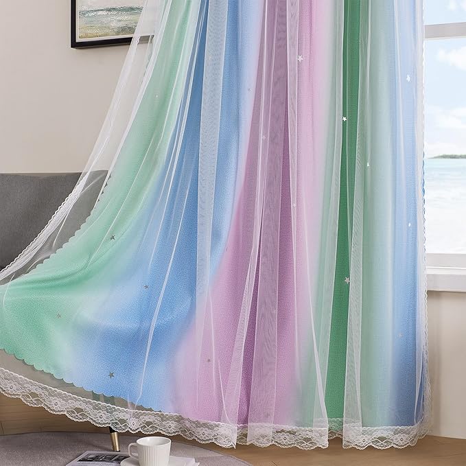 XiDi Curtains for Bedroom Decor, Rainbow Green PurpleBlue52/90/1