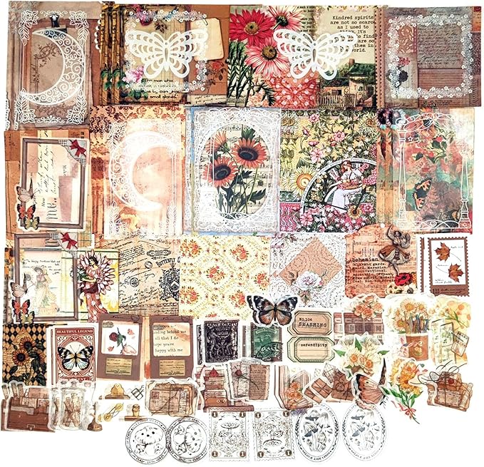 Esweny 100 PCS Vintage Ephemera Pack Journaling Scrapbooking Supplies Scrapbook Sticker Paper Kit for Junk Journal Planners Collage Craft Notebooks Decoupage Album (Sunflower)