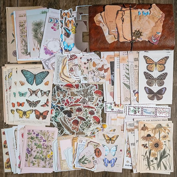 Knaid Vintage Scrapbook Supplies Pack (200 Pieces) for Junk Journal Bullet Journals Planners Botanical Paper Stickers Craft Kits Aesthetic Cottagecore Collage Album (Nature)