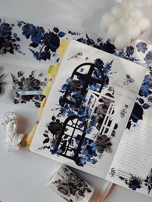 WT Cobalt Blue Wide PET Tape, Single Roll, Original Designs, Floral Decors, Transparent Clear Adhesive, Junk Journal Scrapbook Bujo Planner DIY Craft Supplies Gifts, Watercolor Flower