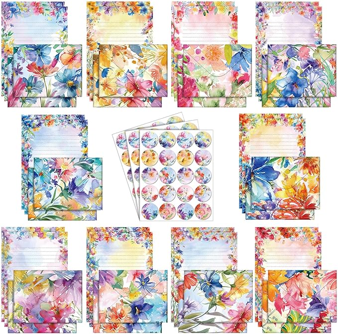 TaoBary 160 Pcs Stationery Paper Set 50 Double Sided Stationery Papers with 50 Matching Envelopes and 60 Round Dot Sticker, 10 Design(Bright Floral,5.5 x 8.25 Inch)