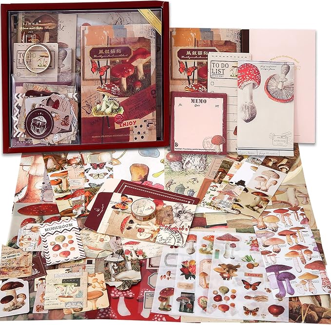 emmoolife Scrapbooking Supplies Kit, Vintage Mushroom Aesthetic Scrapbook Kit for Bullet Junk Journal, Stationery, A6 Grid Notebook, DIY Journaling Supplies, Birthday Craft Gift for Teen Girl Women