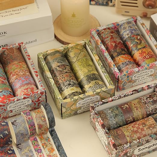 Songdao 12 Rolls Kyoto Charm Washi Tape Set Japanese Arts Adhesive Tapes Geometric Garden Decorative Masking Tape Sets for Craft, Kids, Scrapbook, DIY, Gift Wrapping (Azure Tranquility)
