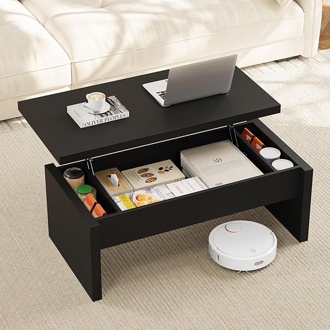 Small Lift Top Coffee Table, Wood Rectangle Coffee Table with Lifting Top and Hidden Storage Compartment, Modern Mid Century Center Tables for Small Space, Living Room, Office-Black