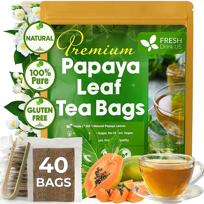 FreshDrinkUS, Premium 40 Papaya Leaf Tea Bags, 100% Natural & Pure. Loose Leaf Papaya Herbal Tea. Made with Natural Material Tea Bags. No Sugar, No Caffeine, No Gluten, Vegan.
