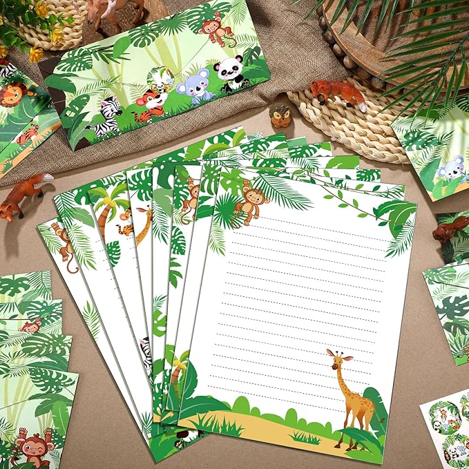 TaoBary 160 Packs Stationery Paper Set (50 Double Sided Stationery Writing Papers 50 Matching Envelopes) 60 Round Dot Sticker, 10 Design(Safari Animal,8.5 x 11 Inch)