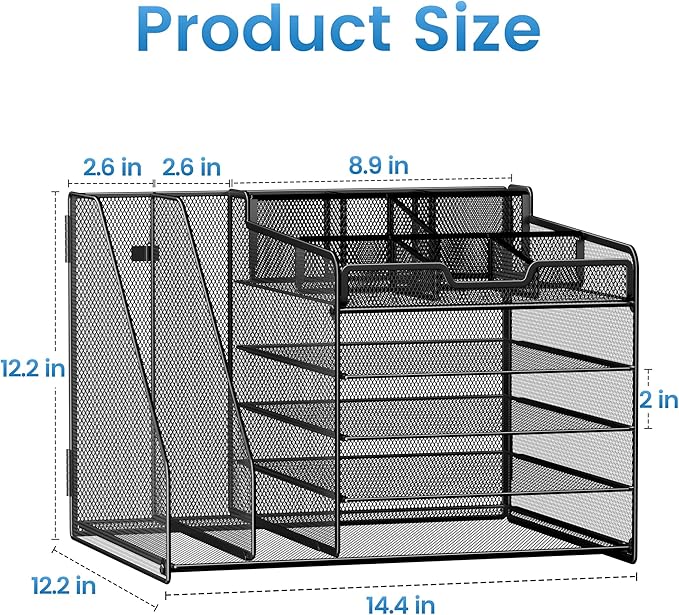 Lavatino Desk Organizer, 5-Tier Metal Mesh Paper Letter Tray with 2 File Holders & 7 Flexible Dividers for Office or Home Desk Organizers and Accessories, Keep Workspace Supplies Neat, Black