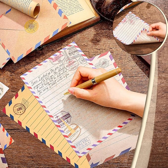 160 Pcs Stationery Paper Envelopes Set Includes 50 Lined Writing Paper & 50 Envelopes with 60 Colorful Round Dot Stickers, Cute Vintage Travel Letter Writing Stationery Paper Envelopes(10Style)
