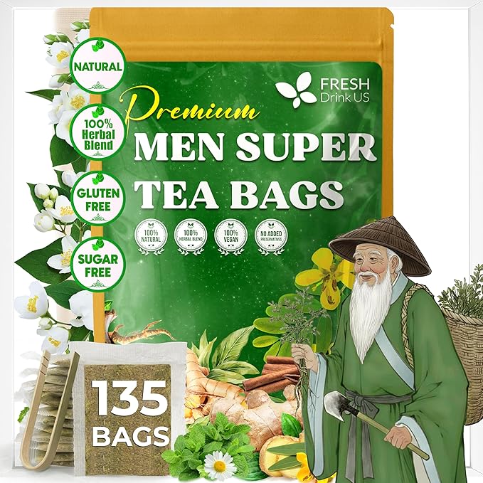 FreshDrinkUS, Premium 135 Tea Bags Men Super Tea – Herbal Blend with Senna, Dandelion Root, Ginger, Peppermint & More – 100% Natural, Sugar-Free. Caffeine-Free. Gluten-Free. Vegan