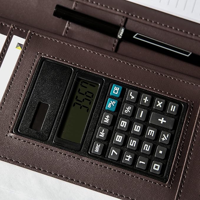 Cossini Premium Business Portfolio with Zipper – Padfolio - Superior Business Impressions Begin with PU Vegan Leather, 10.1 Inch Tablet Sleeve, Smart Storage, Solar Calculator, Writing Pad -Brown
