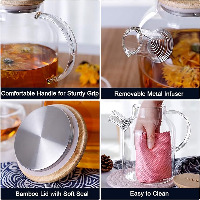 CnGlass Glass Teapot Stovetop Safe,50.7oz Clear Glass Pitcher with Removable Filter Spout for Loose Leaf and Blooming Teabag