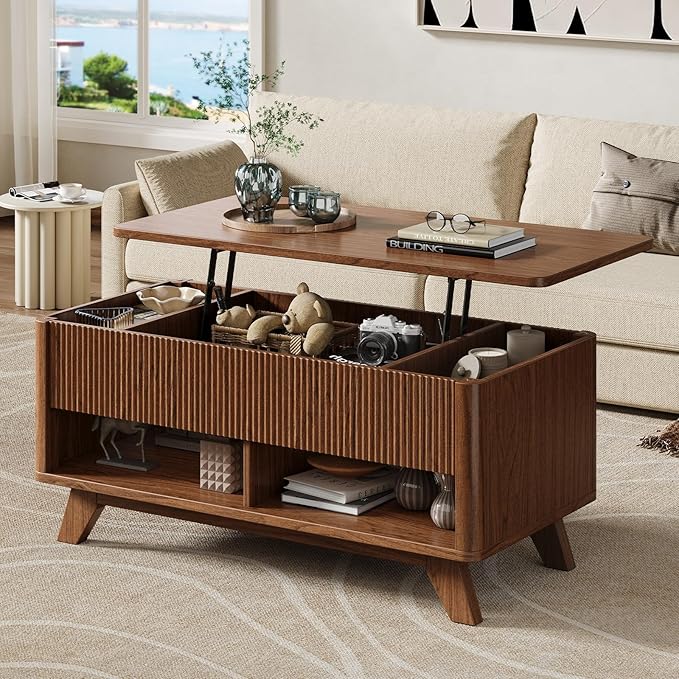 ONBRILL Farmhouse Lift Top Coffee Table, Mid Century Modern Coffee Table with Hidden Storage Compartment, Fluted Rising Pull up Wood Modern Center for Living Room, Office, Walnut