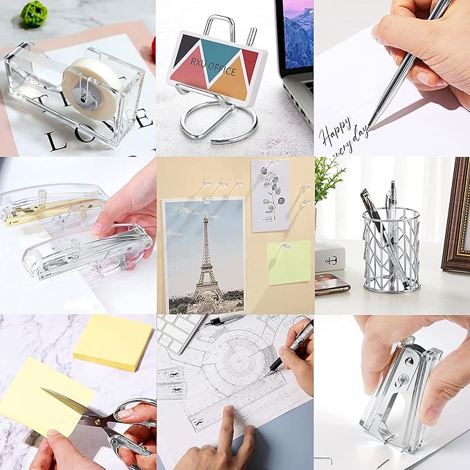 Office Desk Accessories, Acrylic Stapler, Staple Remover, Tape Holder, Pen Holder, Ballpoint Pen, Scissor, Binder Clips, 1000pcs Staples, Phone Holder, Ruler, Transparent Glue and 300 Notes