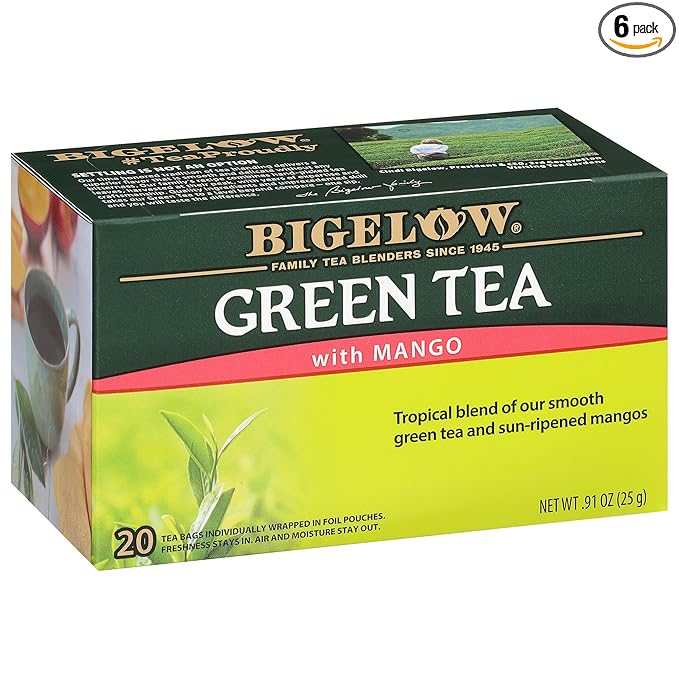 Bigelow Tea Green Tea with Mango, Caffeinated Tea with Mango, 20 Count Box (Pack of 6), 120 Total Tea Bags
