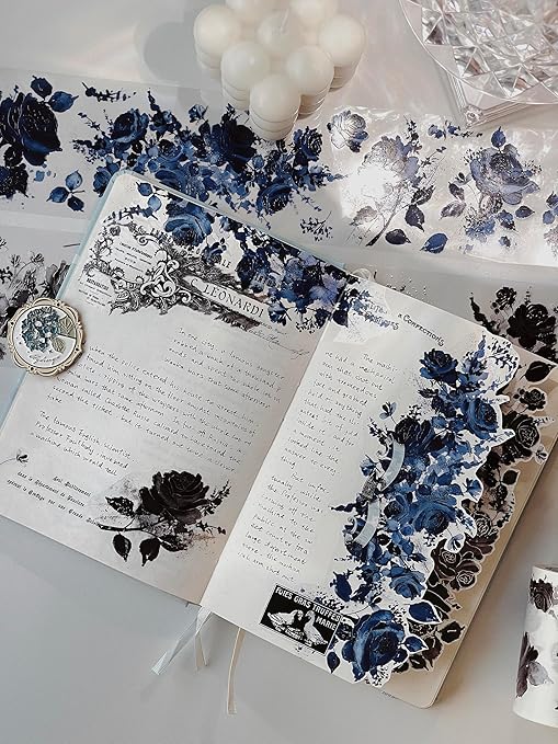 WT Rose Noir Wide PET Tape Gilded,Single Roll,Original Designs,Black Floral Decors,Transparent Clear Adhesive Tape,Gold Foil,Scrapbooks Junk Bujo Journals Planners DIY Crafts Supplies Gifts