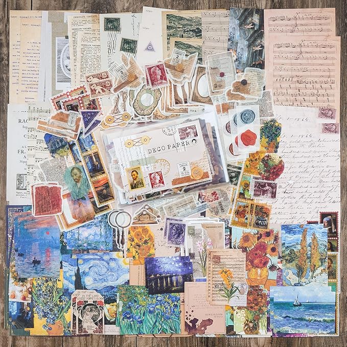Knaid Vintage Scrapbook Supplies Pack (200 Pieces) for Junk Journal Bullet Journals Planners Aesthetic Paper Stickers Craft Kits Cottagecore Collage Album (Artistic)