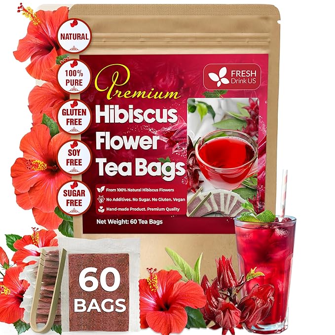 FreshDrinkUS, Premium 60 Hibiscus Flowers Tea Bags, 100% Natural & Pure, Loose Flower Herbal Tea. No Sugar, No Caffeine, No Gluten, Vegan. Great To Drink Hot Or Ice Tea