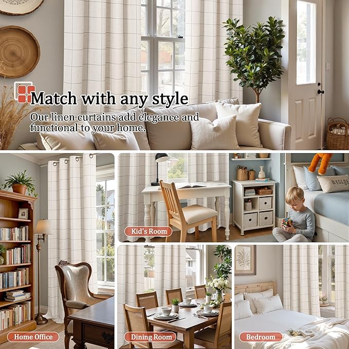 Lajode Grey Plaid Linen Blackout Curtains