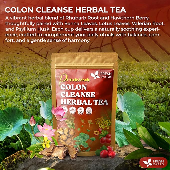 FreshDrinkUS, Premium Colon Cleanse Tea – 60 Tea Bags – Rhubarb Root & Hawthorn Berry with Senna, Lotus Leaf, Valerian Root & Psyllium Husk – Herbal Blend, Caffeine-Free. Vegan