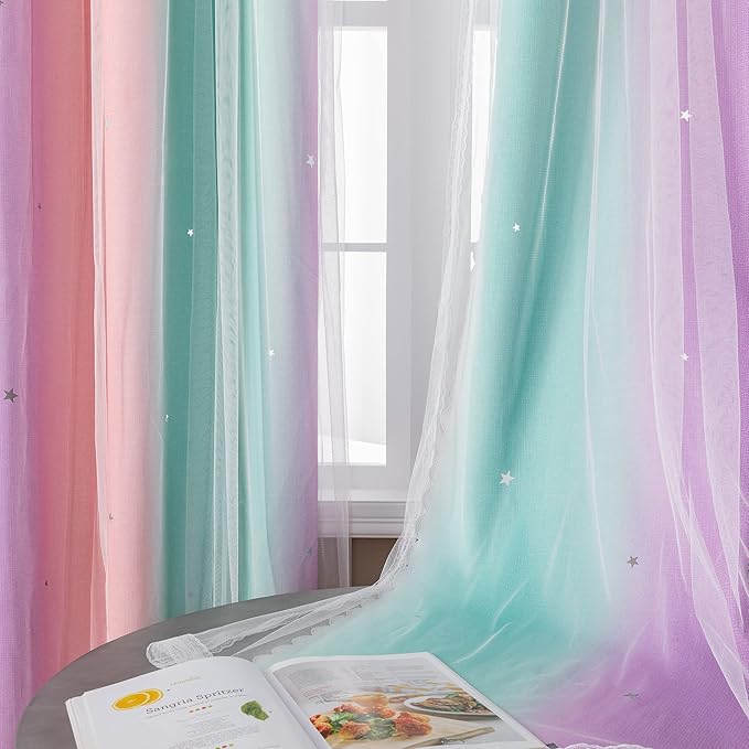 XiDi Curtains for Bedroom Decor, Rainbow PinkPuGreen-34-45