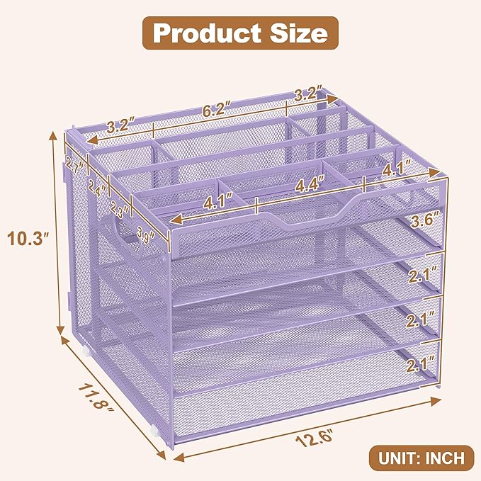 Docnest 5 Tier Letter Tray with Hanging File Organizer-Mesh Desk Organizer-Desktop Storage Box Built in Pen Holder and Handles, File Folder Holder for Mail Documents Office Supplies-Purple