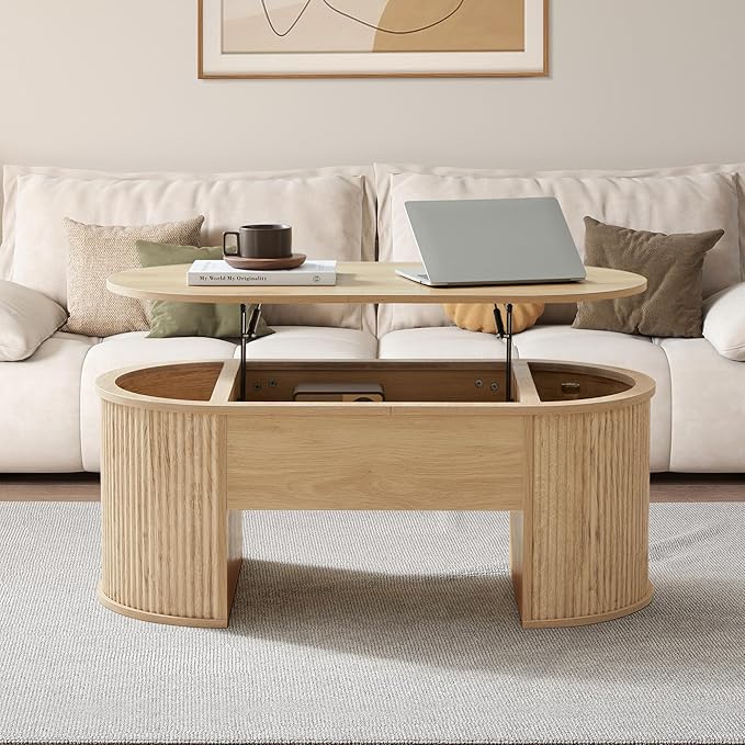 QHITTY Fluted Coffee Table with Lifting Top, Oval Wood Lift Top Coffee Table with Hidden Compartment, Mid Century Pull up Center Tables for Living Room, Office - Natural