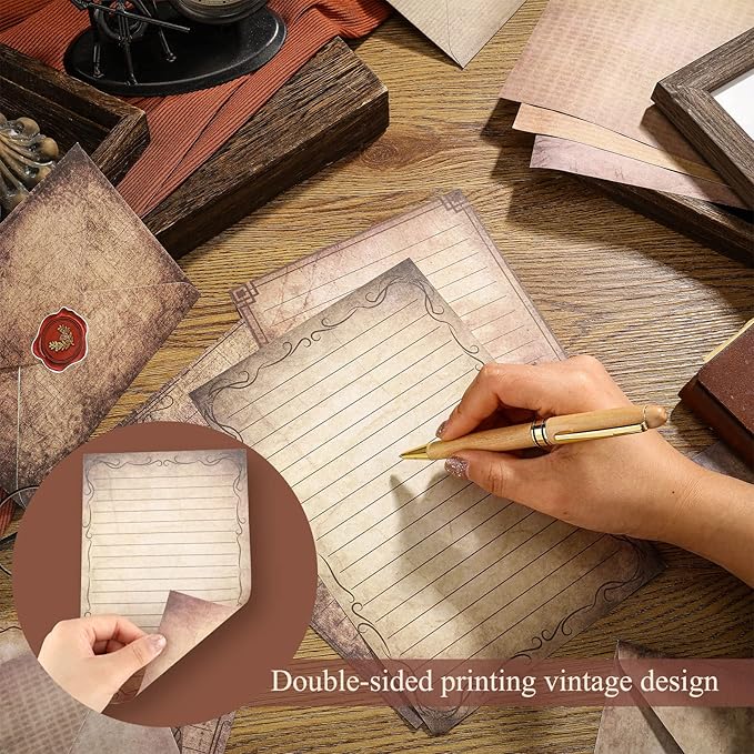 TaoBary 160 Pcs Stationery Paper Set 50 Double Sided Stationery Papers with 50 Matching Envelopes and 60 Round Dot Sticker, 10 Design(Vintage Antique,5.5 x 8.25 Inch)