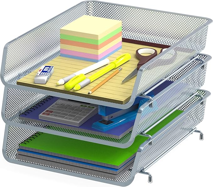 Simple Houseware Stackable Desk File Document Letter Tray Organizer, 3 Packs, Silver