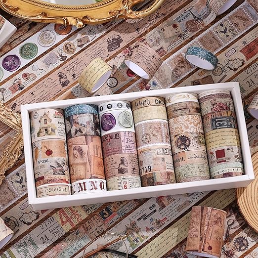 34 Rolls Vintage Washi Tape Set,Letter Map Stamp Stripe Literature Art Writable Aesthetic Washy Decorative Tapes for Scrapbooking, Junk Journal Supplies, Bullet Journaling 5-50mm Wide (3m Long)/Roll
